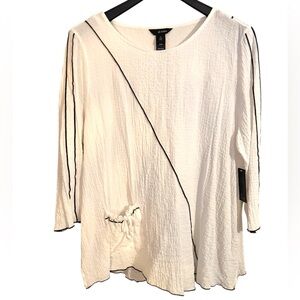 ALI MILES Art to Wear White Crinkled 3/4 Sleeve Tunic w/Black Piping Sz XL NWT